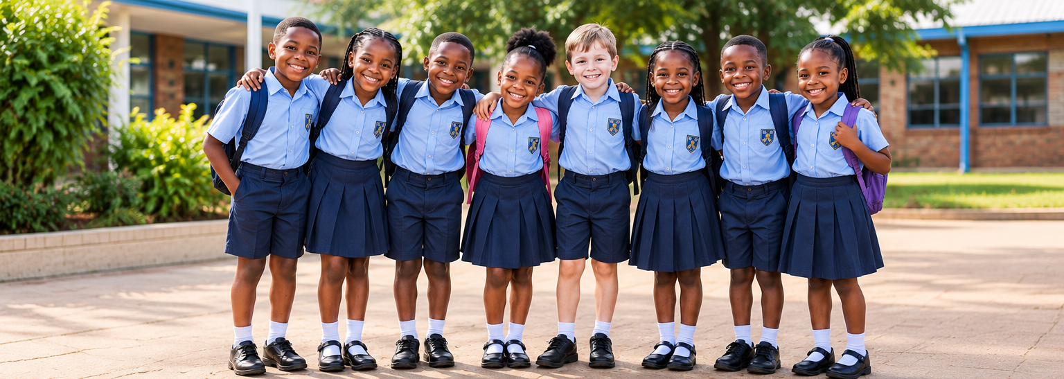 Primary school students wearing coordinated school uniforms